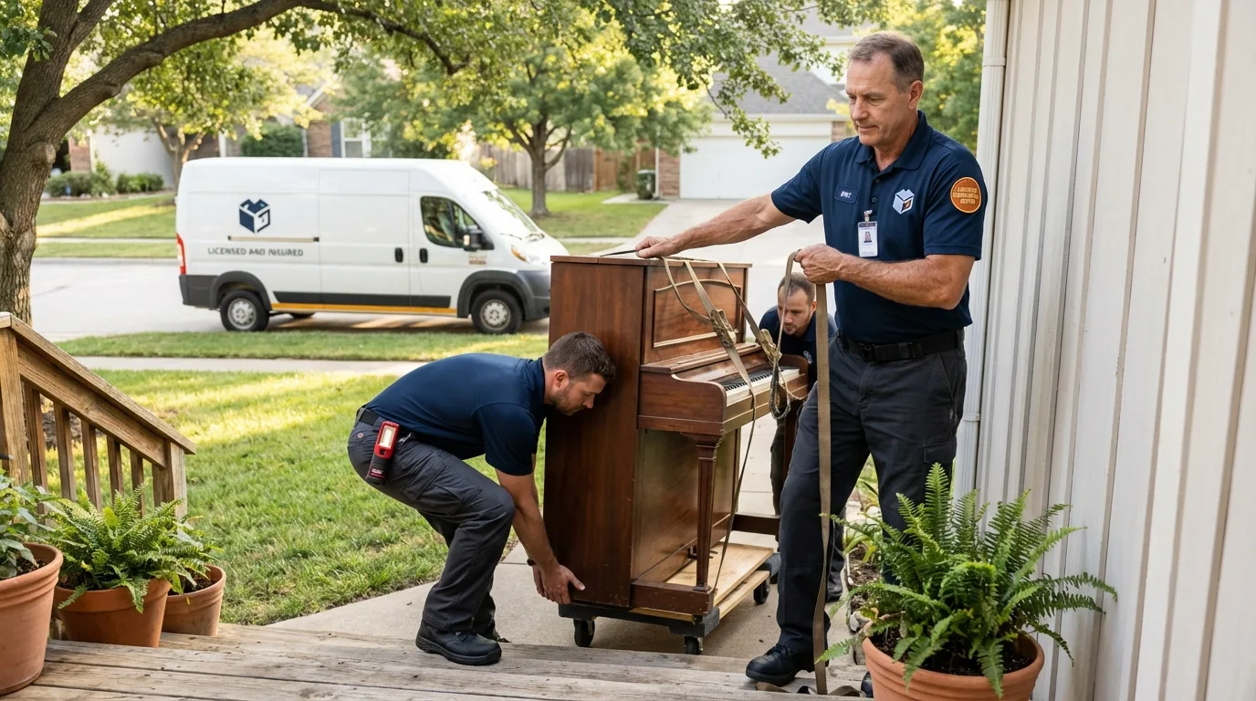 Licensed piano movers securing grand piano in Norwalk, OH
