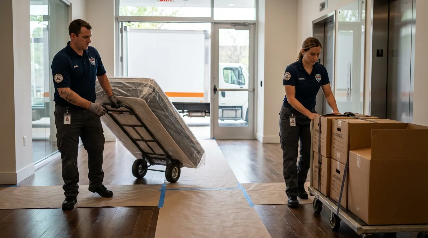 Professional apartment movers loading elevator in Norwalk, OH